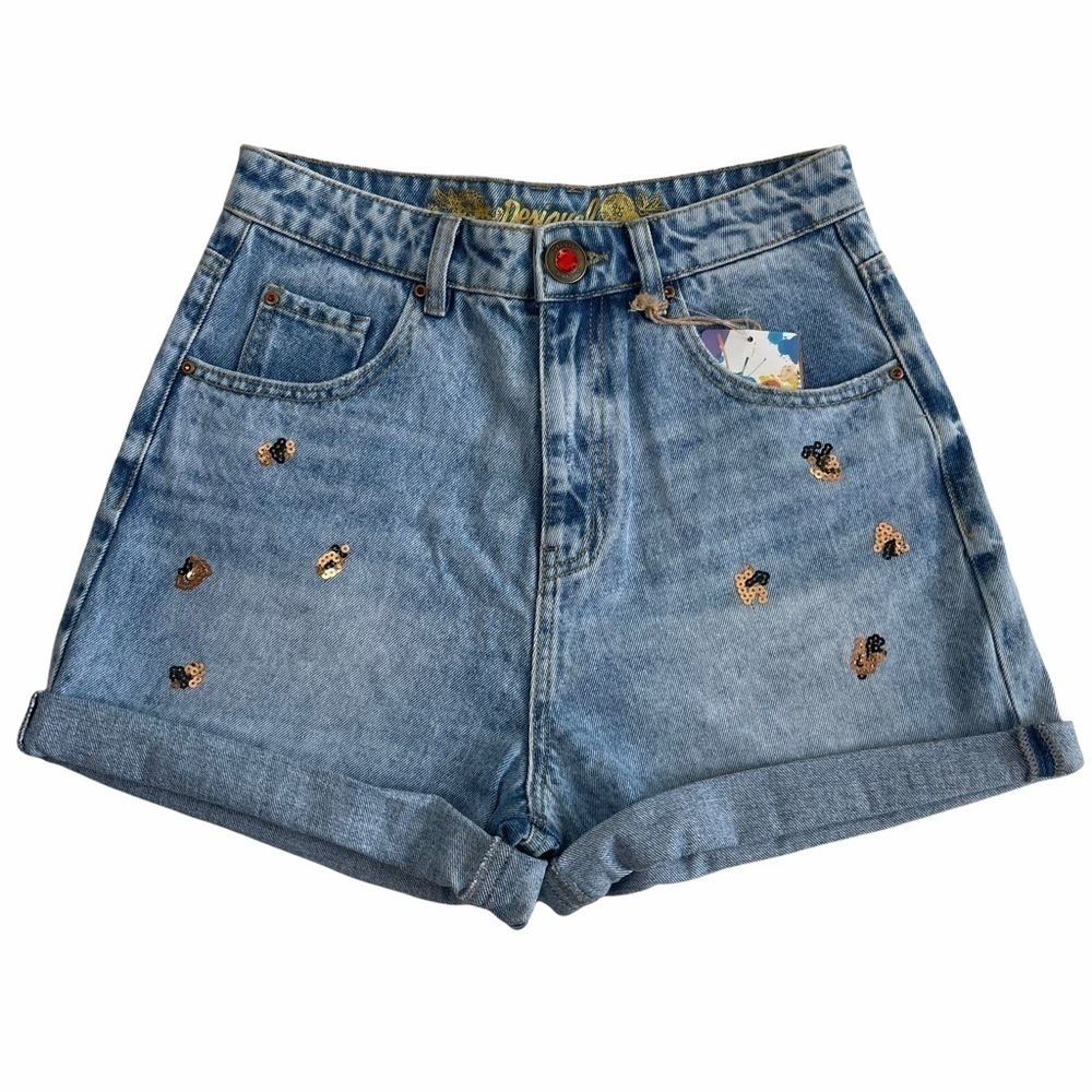 𝅺Desigual Women’s High Waisted Leopard Sequins Embellished Mom Denim Shorts 4